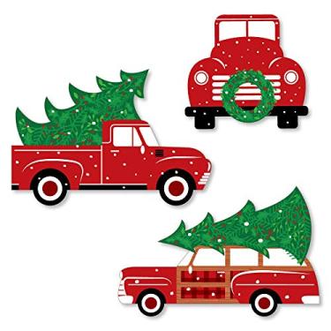 Imagem de Big Dot of Happiness Árvore de Natal Merry Little – recortes em forma de caminhão vermelho e carro para festa de Natal – 24 unidades