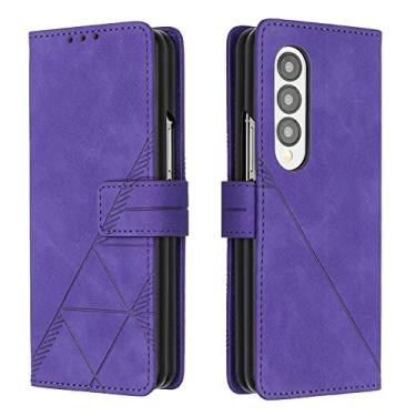 Imagem de DENSUL Capa de cartão para Samsung Galaxy Z Fold 4, capa flip de couro, proteção total à prova de choque, suporte traseiro ultrafino, carregamento sem fio, capa de pulseira, roxa