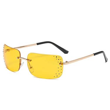 Imagem de Óculos de sol retangular sem aro feminino Óculos de sol sem armação de cristal para senhoras Guarda-sol Óculos UV400, C05 Ouro Amarelo, Com a caixa