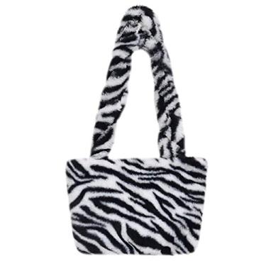 Imagem de Bolsa de ombro de pelúcia macia com listras da Valicclud Zebra, bolsa de ombro de pelúcia estilosa e transversal feminina - branca, Branco, 24X20X1CM