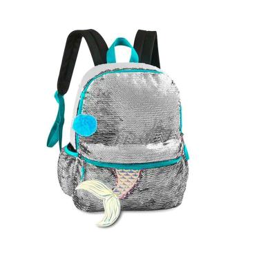 Imagem de Mochila Escolar Costas Clio Girls Paetê Azul E Prata Sereia