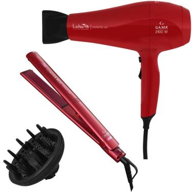 Imagem de Kit Gama - Secador Lichia Ceramic Ion 2100W 127V + Prancha Elegance New Lumina Red Ceramic Ion 220ºc