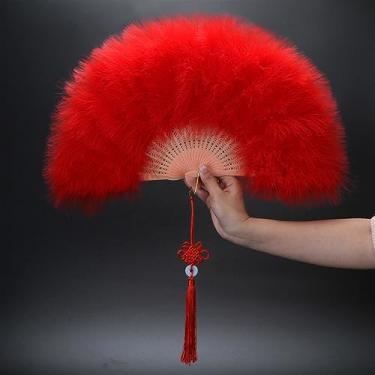 Imagem de Leque dobrável elegante ventilador dobrável de veludo completo leque de penas brancas coloridas nó chinês ventilador de mão fada menina dança decoração de festa de casamento acessórios decorativos feitos à mão (cor: 01)