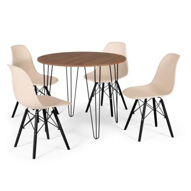 Imagem de Conjunto Mesa de Jantar Redonda Hairpin 90cm Natural com 4 Cadeiras Eames Eiffel Base Preta - Nude
