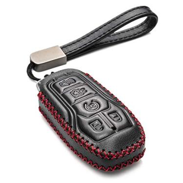 Imagem de Vitodeco capa protetora inteligente de couro genuíno com chaveiro de couro para Ford Fusion, Explorer, Escape, Edge, F-150, Mustang e mais modelos (5 botões, preto/vermelho)
