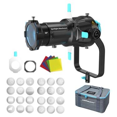 Imagem de Daconovo Kit de snoot cônico de montagem Bowens de ponto óptico para luz estroboscópica de luz contínua LED com lente de projeção de 36 ° e 5 unidades de géis coloridos e 24 unidades de placas