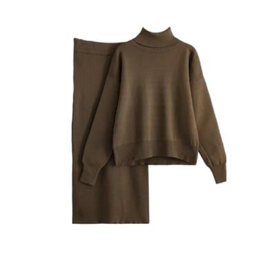 Imagem de Saia feminina outono inverno sólido gola rolê suéter saia tricotada combinando, Marrom escuro, P