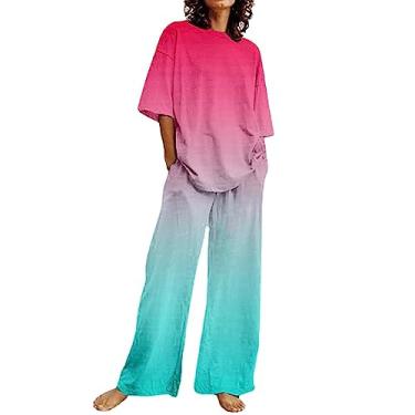 Imagem de Conjunto de 2 peças de linho de algodão para mulheres, roupas de verão, camisetas tie-dye, calças de perna larga, roupas de trabalho e negócios, Rosa choque, Medium