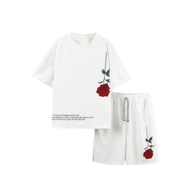 Imagem de SOLY HUX Conjunto de 2 peças de camiseta de manga curta com estampa tropical listrada e shorts para meninos, Floral branco, 10Y