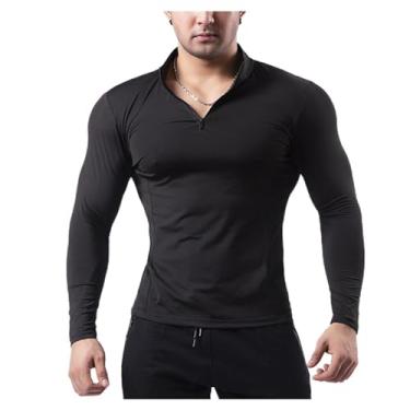 Imagem de Camisa esportiva masculina manga comprida gola alta camiseta atlética cor sólida zíper frontal camiseta de treino, Preto, XG