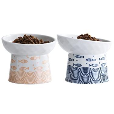 Imagem de OMAYKEY Tigelas elevadas de cerâmica para gatos, conjunto de tigelas de comida e água para gatos com inclinação elevada, porcelana livre de estresse, alimentador de animais de estimação para gatos e