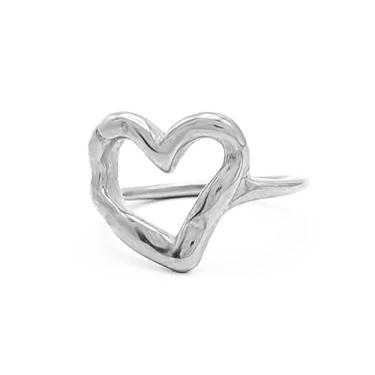 Imagem de Loqimu Anéis de Coração Vazados Martelados Irregulares, Ouro, Aço Inoxidável, Feminino, Moderno, Statement, Stacking, Tamanhos 6, 7, 8