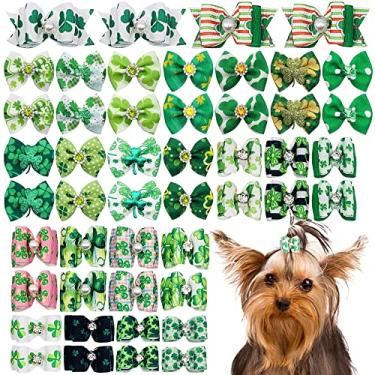 Imagem de JpGdn 50 peças/25 pares de laços de cabelo para cães do Dia de São Patrício com elásticos de borracha verde para animais de estimação laço nó superior para cachorro pequeno médio filhote gato coelho poodle acessórios de tosa