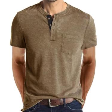 Imagem de OBEEII Camiseta masculina Henley manga curta verão botão casual algodão camiseta com bolso, Caqui, M