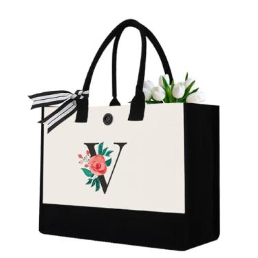 Imagem de Sacola de lona inicial, presentes de aniversário personalizados para mulheres, mães, amigas, professoras, sacolas com monograma, adequadas para o dia das mães, casamento, praia (letra V)