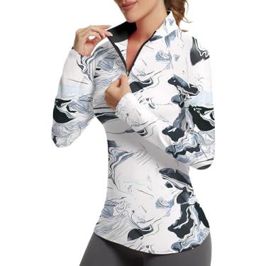 Imagem de GGOV Camisas de golfe femininas FPS 50+, proteção solar, secagem rápida, leve, manga comprida, camisas polo para mulheres Rash Guard, Pintura com tinta branca, M