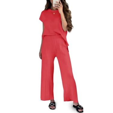 Imagem de Tankaneo Conjunto de suéter feminino de malha, manga cavada, colete e calça plissada, 2 peças, Vermelho melancia, M