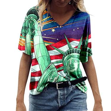 Imagem de Camiseta feminina com bandeira americana manga curta bandeira dos EUA 4 de julho camiseta solta gola V patriótica camiseta gráfica, Verde, G