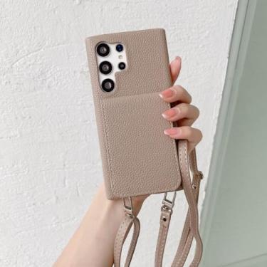 Imagem de Capa de telefone de couro crossbody para Samsung Galaxy S23 S21 FE S24 Ultra S22 Plus A54 A34 A14 A24 A35 A55 A15 A25 M54 Capa carteira, cáqui, para Galaxy S21 Ultra