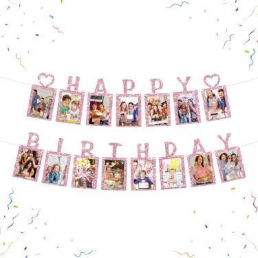 Imagem de WeBenison Banner de foto de feliz aniversário - crianças, meninas, adultos, moldura de papel Cheers to Bunting Decorações Banner de imagem - Glitter rosa