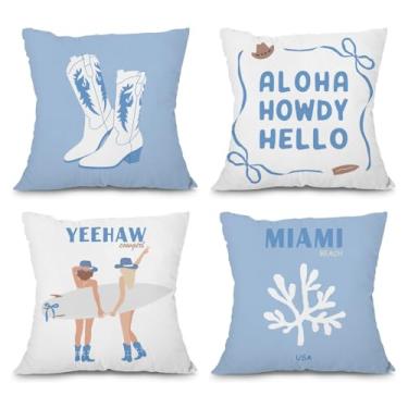 Imagem de heilkee Conjunto de 4 capas de almofada para decoração de quarto de cowgirl costeira, azul estético, moderno, para quarto de meninas adolescentes, 45,7 x 45,7 cm