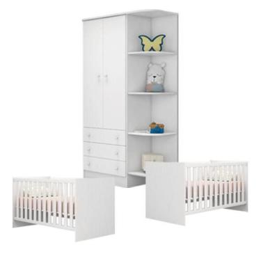 Imagem de Quarto de Bebê Berço Gemeos e Guarda Roupa Doce Sonho Branco Qmovi