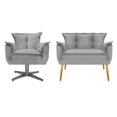 Imagem de Kit Namoradeira e Poltrona Opala Base Giratória de Metal Suede Cinza -