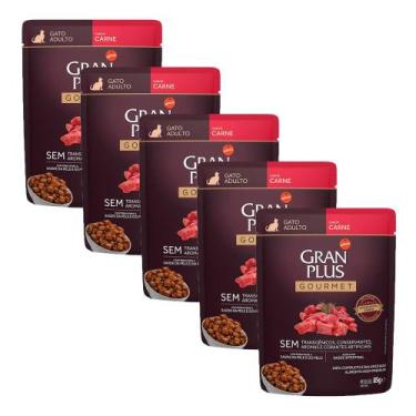 Imagem de KIT 5 Ração Úmida Gran Plus Gourmet Gatos Adultos Carne Sachê 85g - Gr