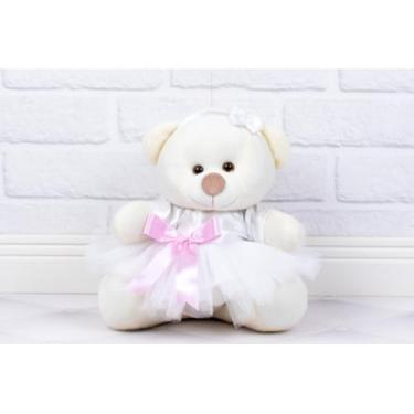 Imagem de PELUCIA URSO TEDDE 15 CM - DAMINHA CETIM BRANCO (PELUCIA PALHA - DETALHE - ROSA)