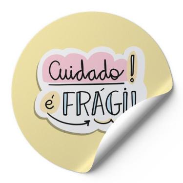 Imagem de 120 Etiquetas Auto Colante Adesivos Redondos Cuidado É Frágil Fundo Am