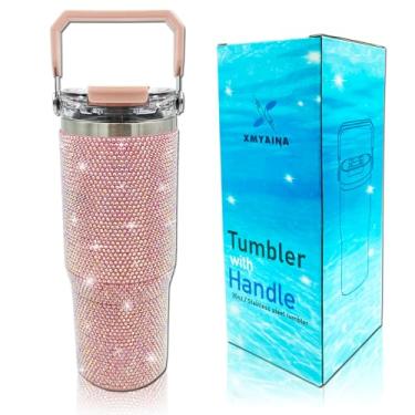 Imagem de Copo cravejado de strass brilhante de 850 g com alça superior e tampa à prova de vazamento, garrafa de água de cristal com glitter de aço inoxidável isolado a vácuo com canudo dobrável copo