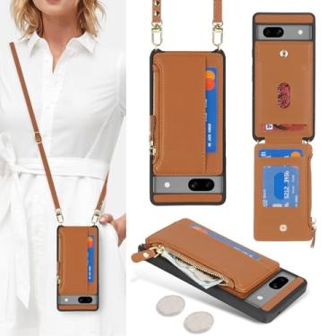 Imagem de Cavor Capa carteira para Google Pixel 7a com alça, capa de couro com zíper e bolso para cartão Pixel 7a - marrom