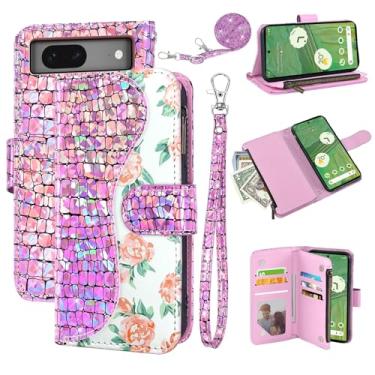 Imagem de Dibosom Capa carteira floral para Google Pixel 7 5G com alça de pulso, alça de ombro flip com zíper, porta-cartões, suporte de couro PU de luxo com glitter brilhante capa de telefone para Pixel7 Pixle