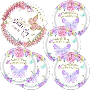 Imagem de Frypeas 40 peças de decoração de aniversário de borboleta, pratos de papel e guardanapos para meninas, festa de aniversário, chá de bebê