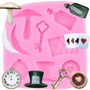 Imagem de YIHUOMOLDS Chapéu Alice no País das Maravilhas Moldes de silicone Molde de fondant de pôquer para decoração de bolos, enfeite de cupcake, pasta de chiclete de chocolate e argila de polímero