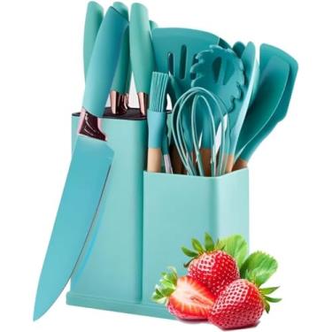 Imagem de Utensilios para Cozinha Silicone Kit com 19 Peças Cabo Madeira Conjunto Completo Espátula Concha Colher Jogo Suporte Faca Antiaderente Tabua Tesoura Faqueiro (VERDE)
