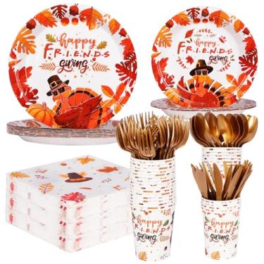 Imagem de 210 peças, 30 convidados, pratos e guardanapos descartáveis, pratos de papel de peru, utensílios de jantar, guardanapos, copos, facas, colheres, para decorações de festa de ação de amigos