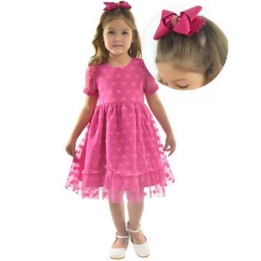 Imagem de Vestido Infantil Tule Poá Luxuoso + Laço Cabelo - Várias Cores - Moder