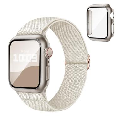 Imagem de Pulseira 3 em 1 compatível com Apple Watch de 45 mm com capa e protetor de tela, pulseira esportiva de nylon elástico e capa com vidro temperado 9H para Apple Watch Series SE SE2 9 8 7 6 5 4 masculino