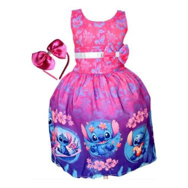 Imagem de Vestido De Festa Luxo Infantil Rosa Menina Stitch Tiara - Pingo de Gen