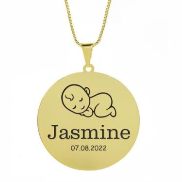 Imagem de Gargantilha Pingente Redondo Personalizado Nome Jasmine Banhado Ouro 1