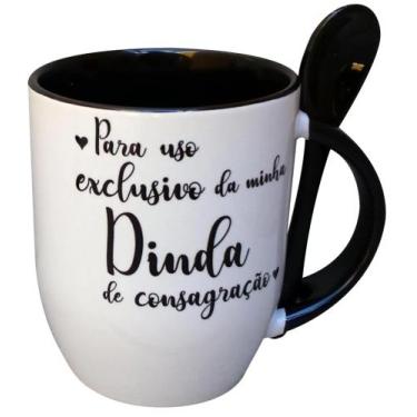 Imagem de Caneca Preta com Colher Presente Batizado Madrinha / Dinda - GMH Prod.