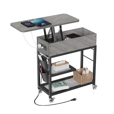 Imagem de Merapi Mesa de canto elevatória com estação de carregamento, mesa lateral de sofá cinza, mesa de cabeceira com rodas e portas USB para sala de estar, quarto, escritório
