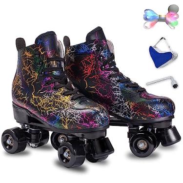 Imagem de Patins femininos e masculinos - Patins de rolo de microfibra de couro clássico de cano alto com fileira dupla para ambientes internos e externos com cadarços iluminados (roda preta, 42-US masculino