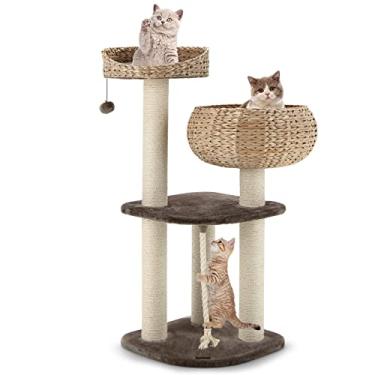 Imagem de PETSITE Árvore moderna para gatos de 104 cm para ambientes internos, torre de gatos de vários níveis com postes para arranhar, condomínio para gatos de vime feito à mão e poleiro, bola pendurada,