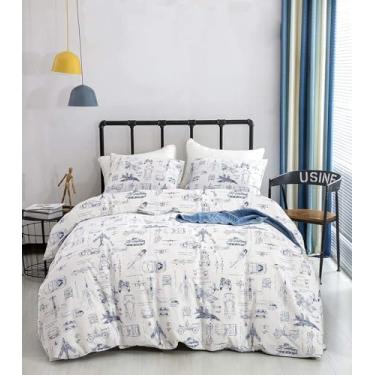 Imagem de KAREVER Jogo de cama casal com desenho animado de aeronaves, branco, edredom alternativo, avião, carro, tanque, branco, cobertor para crianças, adolescentes, com inserção interna de microfibra