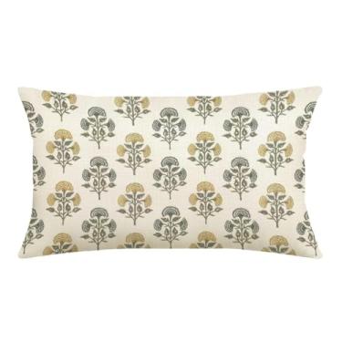 Imagem de AOFANGGO Capa de almofada floral verde sálvia amarela 30,5 x 50,8 cm, estampa de blocos, flores de primavera decorativas com detalhes sazonais, Grandmillenial, casa de fazenda moderna