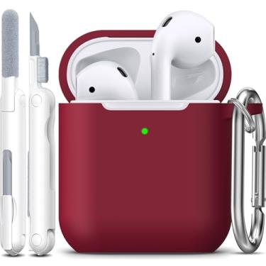 Imagem de R-fun Capa protetora compatível com AirPods, capa protetora de silicone macio com chaveiro para mulheres e homens, compatível com Apple AirPods 2ª geração, LED frontal visível, vermelho vinho