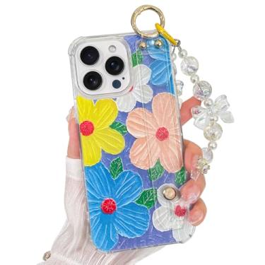Imagem de AIGOMARA Capa para iPhone 16 Pro Max com pulseira e corrente de pulseira para mulheres e meninas, linda pintura a óleo 3D estampa flores florais capa protetora com alça de mão com suporte, roxo