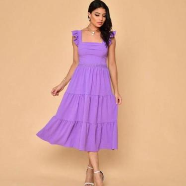 Imagem de Vestido midi luxo duna lisa com babada na manga e renda na cintura 001